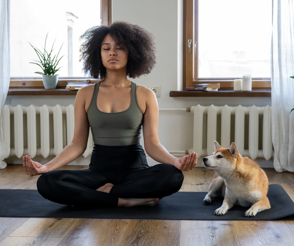 An image of a woman sitting on her yoga mat with her dog, meditating, demonstrating that you can enhance your vitality and awareness through yoga.