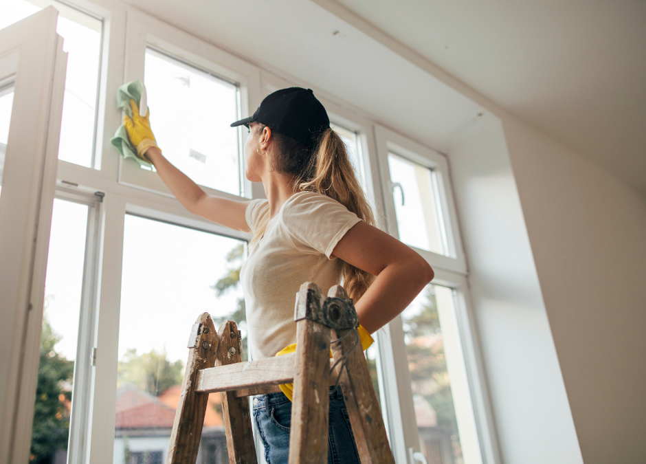 An image of a woman cleaning her windows, happily, demonstrating how fall decluttering and cleaning helps boost your overall health.
